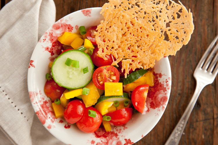 Chopped Gazpacho Salad Recipe with Parmesan Cheese Crisps